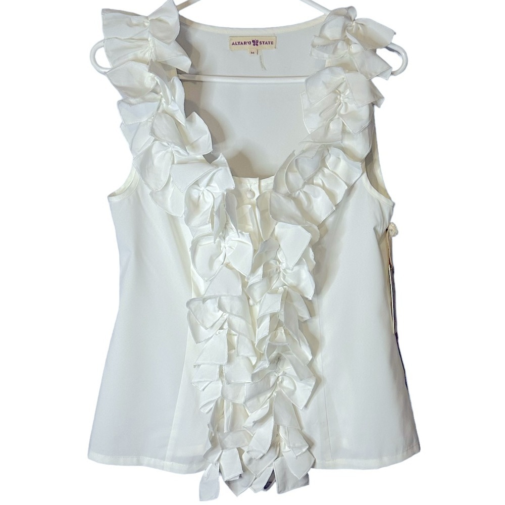 Altar’d‎ State White/Ivory Sleeveless Blouse Ruffle Bow Bodice NWT Medium AT5387